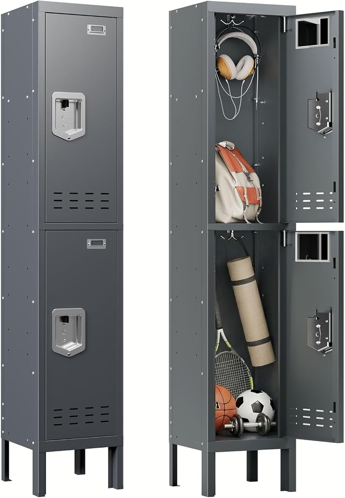 BUTISOW Metal Storage Locker with Lock & Card Slot Locker - Secure Lockable Door - Steel Locker for School, Office, Gym, Home - 66.15" H x 11.8" W x 11.8" D（2 Door, Grey）