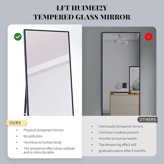 LFT HUIMEI2Y 71"x32" Full Length Mirror, Black Floor Mirror | Tempered Oversized Mirror Full Body with Aluminum Alloy Frame; Standing, Leaning, or Wall Mount for Bedroom, Living Room