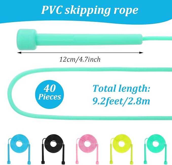 Adjustable Jump Rope for Fitness, 40 pcs Bulk PVC Jumping Rope Set with Lightweight Handles, 9.2ft Length for Speed Training, Exercise, Weight Loss, and Outdoor Workouts, Multicolor Assortment