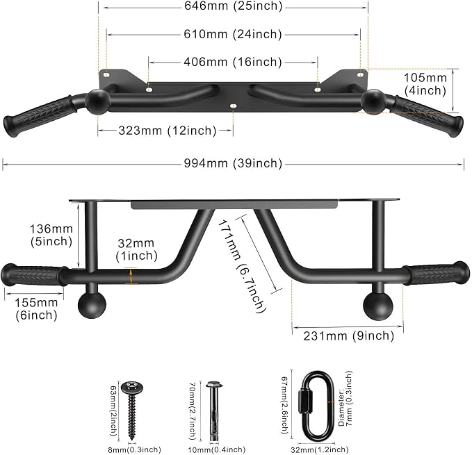 Kipika Heavy Duty Wall Mounted Doorway Pull Up Bar, Multifunctional Chin Up Bar, Portable Fitness Door Bar, Body Workout Home Gym System
