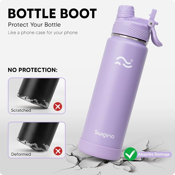 Swigina [2-IN-1 LID] Insulated Water Bottle with Silicone Boot (36hrs Cold/18hrs Hot) - DIY Stickers, Leakproof, BPA Free, 24 oz