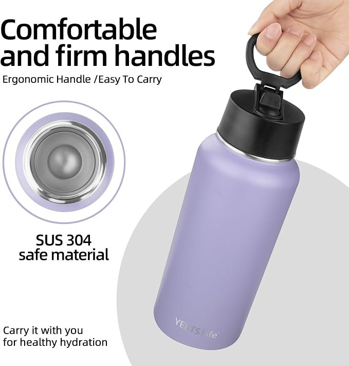 Insulated Water Bottle With Straw,32 oz Vacuum Insulated Stainless Steel Sports Water Flask,Keeps Cold and Hot,Metal Water Bottle Wide Mouth for Gym Travel Camping (Pale purple)