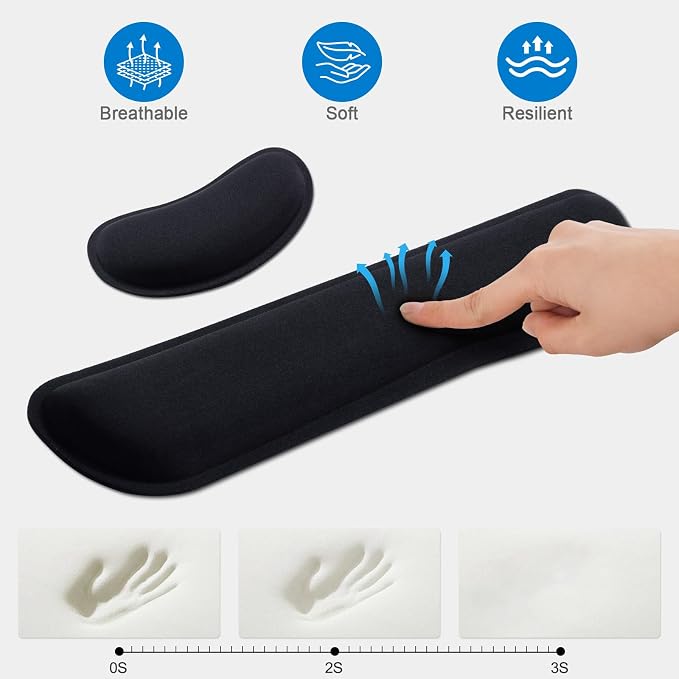 Leolee Gel Memory Foam Keyboard Wrist Rest, Black 5 in 1 Wrist Rest Set | for Computer Keyboard and Mouse, Ergonomic Wrist Support with Non-Slip Base for Pain Relief, Typing, Gaming, Office