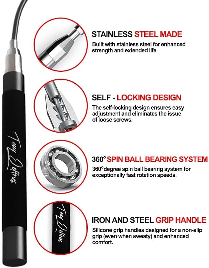 Tony Jeffries 2.0 Speed Jump Rope of 360 degree Spin Ball Bearings, Daily Exercise Skipping Rope with Silicon Grip Handles, Lightweight Self Locking Adjustable Length Jump Rope for Fitness Training