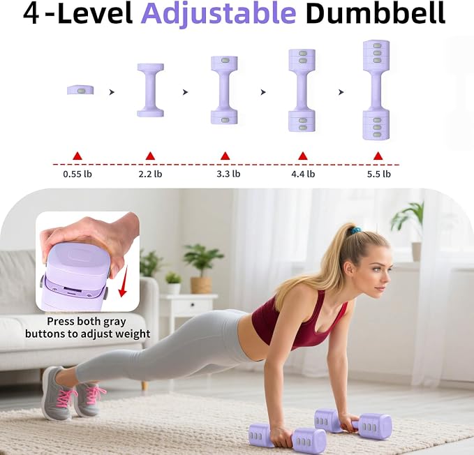 2-in-1 Adjustable Dumbbell Set, 4-Level Weights for Women | Convertible Dumbbell & Kettlebell, Adjustable 2.2-5.5lb Each, Quick-Change Button, Compact for Home Gym, Office & Outdoor