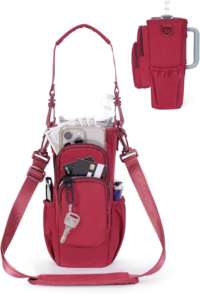 sportsnew 30/40oz Crossbody Water Bottle Holder Anti-Tip Tumbler Carrier | Lightweight Bottle Sling Fits Handled Tumbler w/ Phone Pocket, Adjustable Strap, Insulated Lining, Hands-free for Hiking Gym