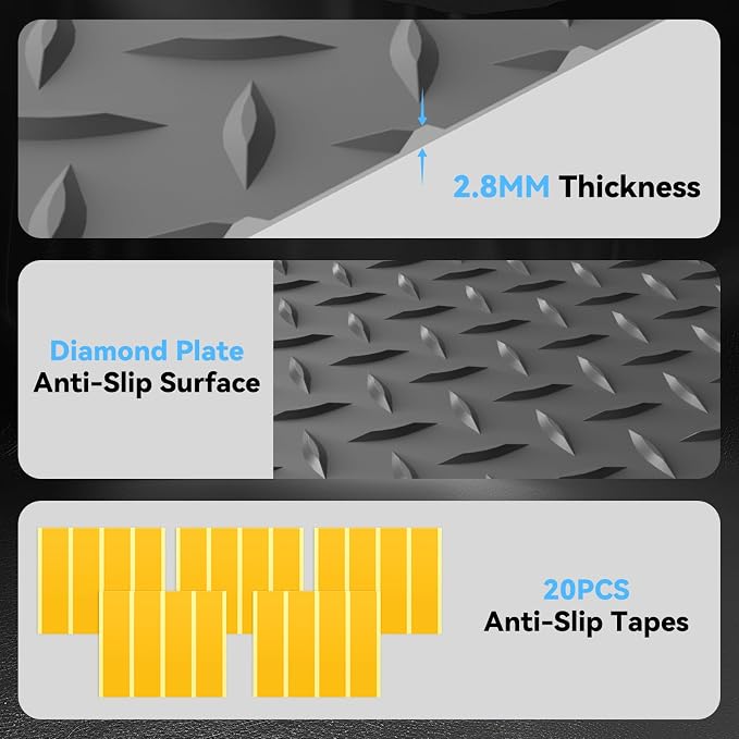 4x20 FT Garage Floor Mat, 2.8mm Thickened Diamond Plate | PVC Flooring Roll for Under Car/Golf Cart/Motorcycle, Garage Mat for Warehouse/Basement/Gyms/Trailer, Tapes Included, Gray