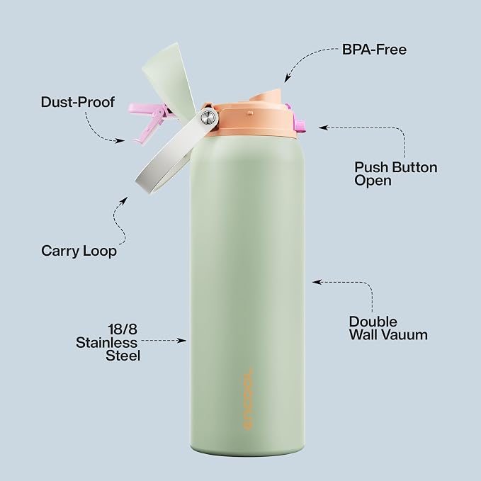 Insulated Water Bottle with Straw - Encool Stainless Steel Water Bottle with Push Button Lid, Leak-Proof & BPA-Free, Keeps Cold for 24 Hours for Sports, Travel, Gym (40 oz, Geyser Green)