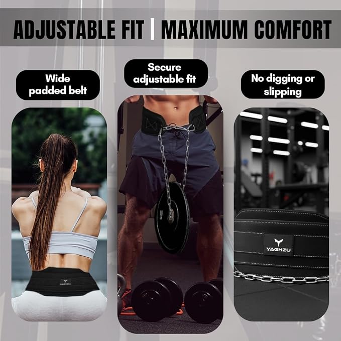 Dip Belt with Chain – Weighted Pull Up Belt, Dip Weight Belt, Weightlifting Belt for Pullups, Squats, and Dips, Belt Squat Attachment Ideal Weight Belt for Pullups, Weightlifting, and Gym Workouts (Black)