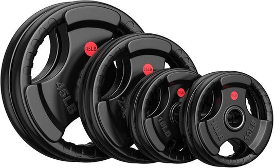 Gikpal Olympic Weight Plates, 2-Inch Three-Grip Rubber Coated Barbell Plates with Steel Hub, Cast Iron Weights for Strength Training & Home Gym, Pair or Sets (2.5–45LB)