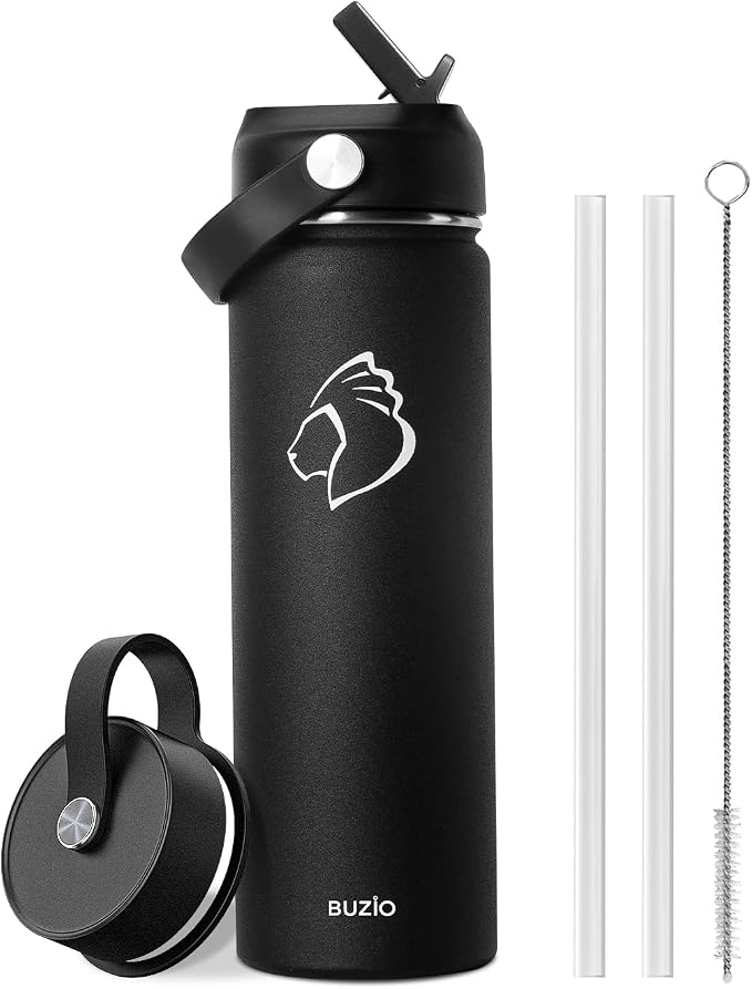 BUZIO 24 oz Insulated Stainless Steel Water Bottle with Straw & Spout Lids | Triple Wall Insulated Tumbler (Dishwasher Safe) ,Cold for 48 Hrs, Wide Mouth, Leakproof, BPA-free, for Sports, Gym, School