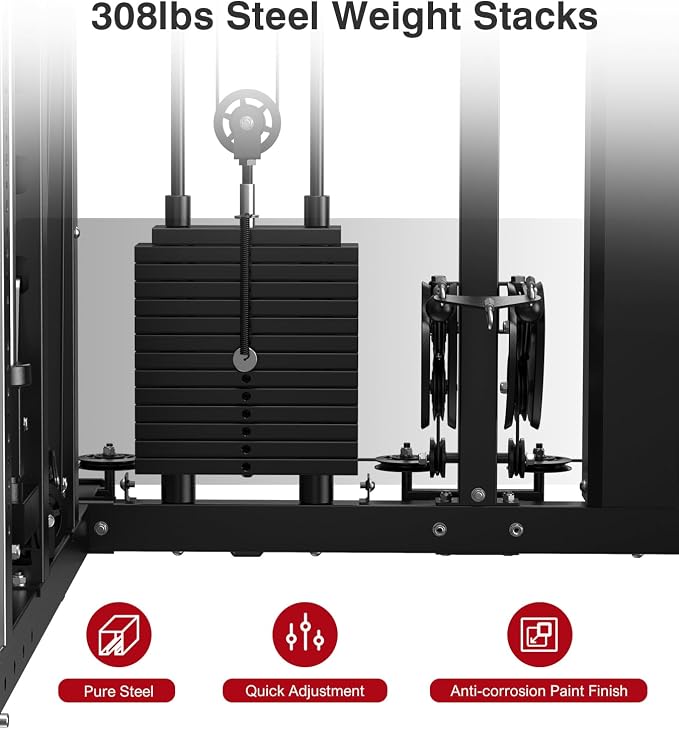 DONOW Smith Machine with Weight Stacks Home Gym System Cable Crossover | Multi Function, All in One, Heavy Duty, Lat Pulldown Bench, Hip Thrust Attachment, Smooth Smith Bar and Cable System