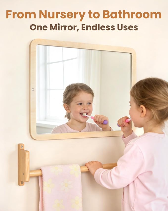 Montessori Mirror with Bar – Adjustable Baby Pull Up Bar, Anti-Rotation Design & Acrylic Safety Baby Mirror for Wall – Tummy Time, Pull to Stand Toys for Infant Toddler Nursery