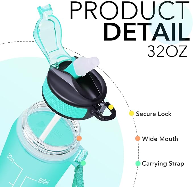 Hyeta Water Bottle with Straw & Time Marker, Plastic 32oz Leakproof | Motivational Tritan BPA Free Gym Office Outdoor Intake Tracker Hourly Reminder Straw Lid Carry Strap