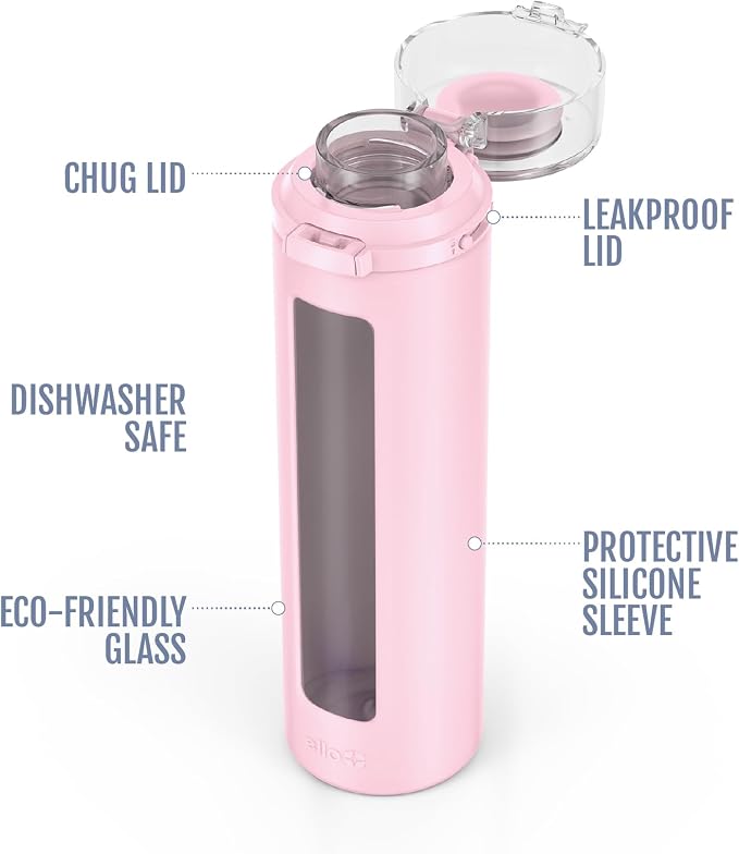 Ello Syndicate 20oz Glass Water Bottle with Flip Lid and Sleeve, Cashmere Pink