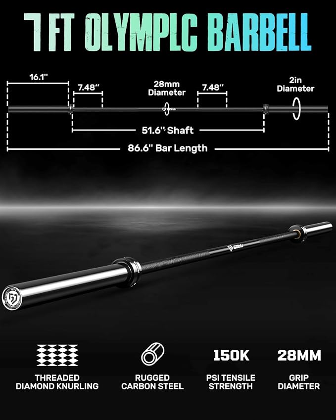 PB01 7FT Olympic Barbell, Weight Bar with Knurled Grip for Squats, Deadlifts, Weightlifting, Strength Training, Bench Press, Fits 2-inch Standard Weight Plates, 1500LB Capacity