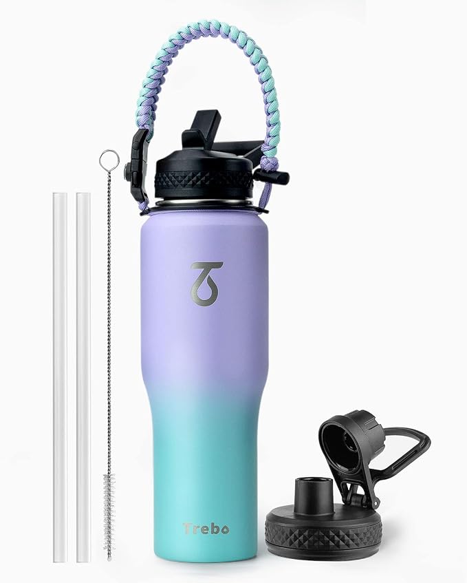 Trebo 32 oz Water Bottle Insulated Fits in Any Car Cup Holder with 2 Lids | Stainless Steel T-shape Tumbler with Paracord Handle, Triple Wall Vacuum Copper Plated, Cold 48 Hrs for Travel, Leakproof