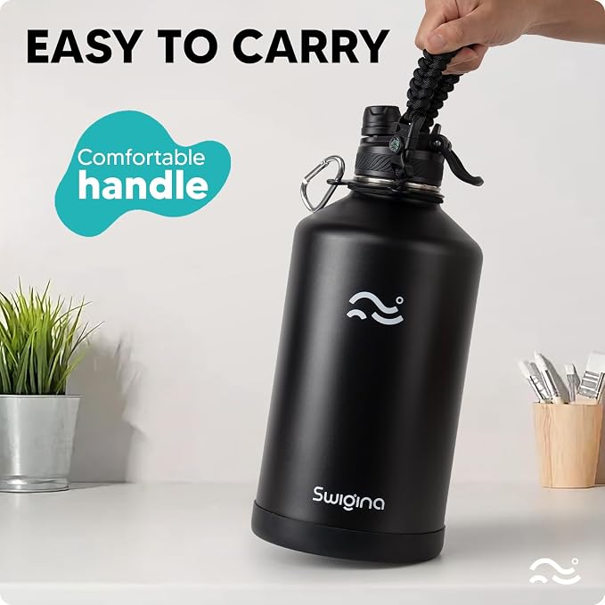 Swigina Insulated Water Bottle with Silicone Boot (36hrs Cold/18hrs Hot) - DIY Stickers, [2-in-1 Lid], BPA Free, 128 oz