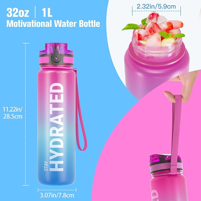 Sahara Sailor Water Bottle 32oz, Tritan Sports Bottle with Time Marker | Bpa Free, Leakproof Wide Mouth With Fast Flow Lid And Cleaning Brush, For Gym School Office Travel, 1 Count