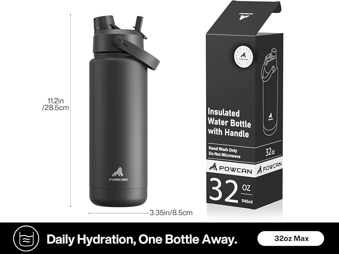 POWCAN 32 oz Insulated Water Bottle with 2-in-1 Straw and Spout Lid, Keep Cold 24H, Leak-Proof, BPA-Free, Double Wall Stainless Steel Water Bottle for Sports, Gym, Travel, and School (Dark Knight)