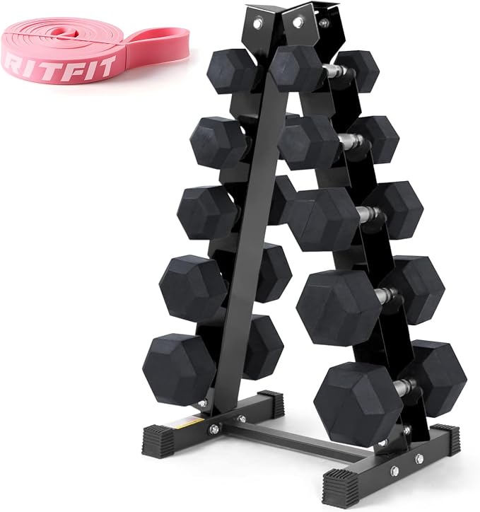RitFit Rubber Coated Hex Dumbbell Weights Set for Home Gym | Cast Iron Core, Anti-Slip Knurled Chrome Handle, Hexagon Anti-Roll, Heavy-Duty Dumbbell Set for Strength Training
