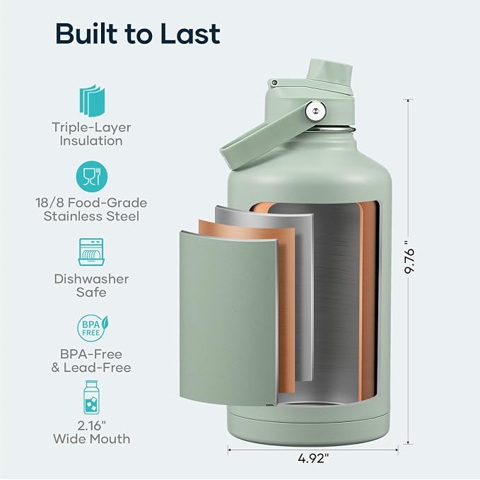 BUZIO 64 oz Insulated Stainless Steel Water Bottle with Dust-proof Lids | Half Gallon Water Jug (Dishwasher Safe), Cold for 48 Hrs, Triple Wall with Copper Plating, for Gym, Hiking, Camping, Black