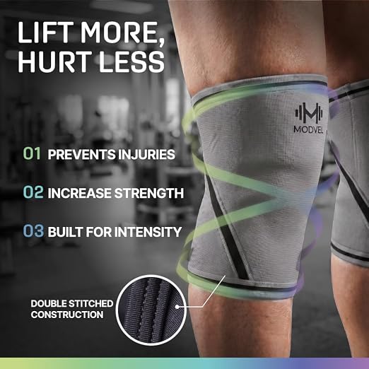 Modvel 7mm Neoprene Knee Sleeves for Men & Women Weightlifting & Powerlifting – Compression Knee Sleeve Support for Squats, Gym, Training – USPA, IPL Approved – Large Grey (Pair)