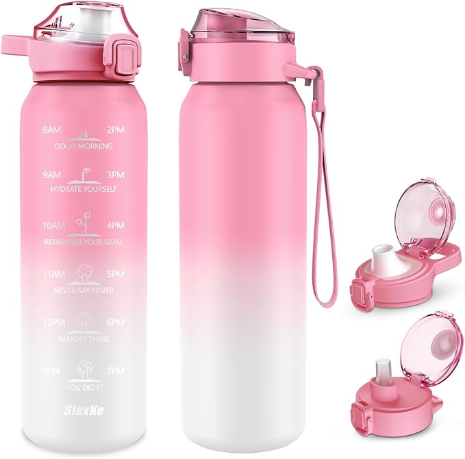 SLUXKE 32oz Insulated water bottle with 2 Lids (Straw and Chug Lid), 18/10 Stainless Steel Water Bottle BPA Free, Double Wall Vacuum Wide Mouth Insulated Water Bottle for Men, Women & Kids PINK WHITE