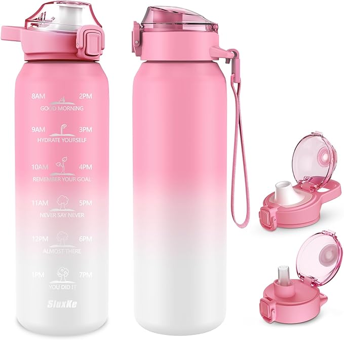 SLUXKE 17oz Insulated water bottles with 2 Lids (Straw and Chug Lid), 18/10 Stainless Steel Water Bottle BPA Free, Double Wall Vacuum Wide Mouth Insulated for Men, Women & Kids PINK WHITE