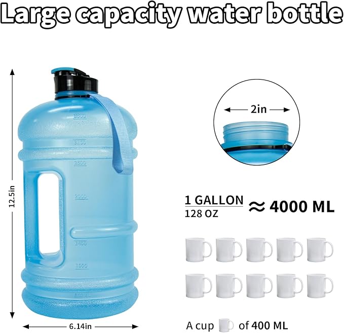 TOOFEEL 1 Gallon Water Bottle - 128 oz Water Bottle with Flip Lid - Gallon Water Bottle with Handle,BPA Free gallon Water jug with Measurements Marked - Transparent Light Blue