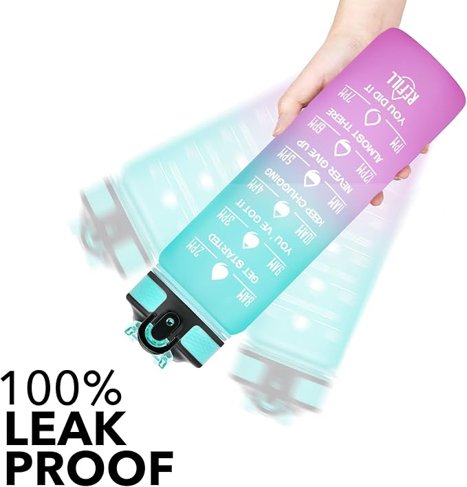 Hyeta Water Bottle with Straw & Time Marker, Plastic 32oz Leakproof | Motivational Tritan BPA Free Gym Office Outdoor Intake Tracker Hourly Reminder Straw Lid Carry Strap