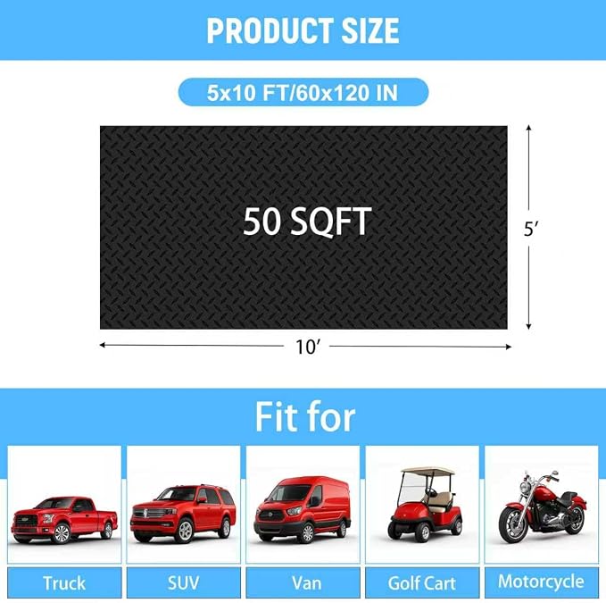 5x10 FT Garage Floor Mat, 2.8mm Thickened Diamond Plate | PVC Flooring Roll for Under Car/Golf Cart/Motorcycle, Garage Mat for Warehouse/Basement/Gyms/Trailer, Tapes Included, Black