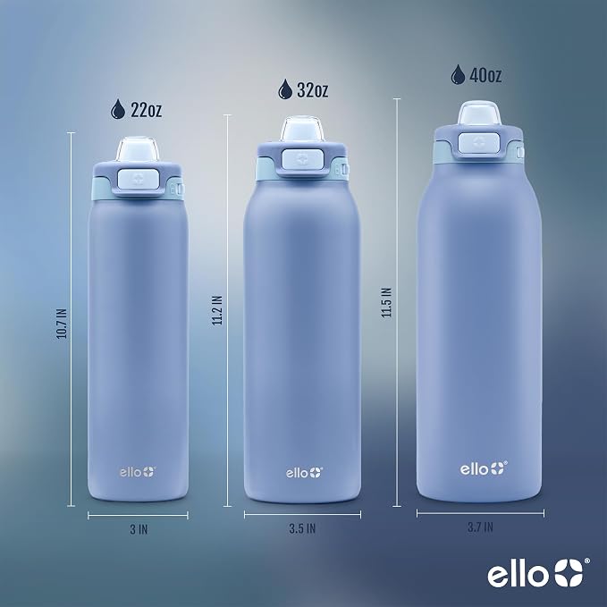 Ello Pop & Fill Insulated Stainless Steel Water Bottle with Quick Fill Lid, Leakproof Locking, Sip or Chug Spout, BPA-Free, Double Wall Vacuum Insulated for Sports, Travel & School- 22oz / 32oz / 40oz