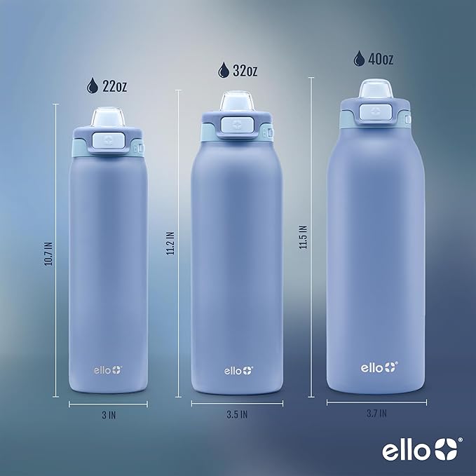 Ello Pop & Fill Insulated Stainless Steel Water Bottle with Quick Fill Lid, Leakproof Locking, Sip or Chug Spout, BPA-Free, Double Wall Vacuum Insulated for Sports, Travel & School- 22oz / 32oz / 40oz