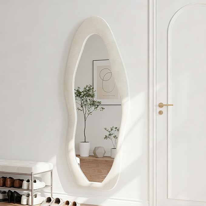 Full Length Mirror, 63"x24" Flannel Floor Mirrors with Stand | Irregular Wavy Mirror Full Body for Bedroom Living Room, Hanging or Leaning Wavy Wall Mirror, Tempered Glass, Beige