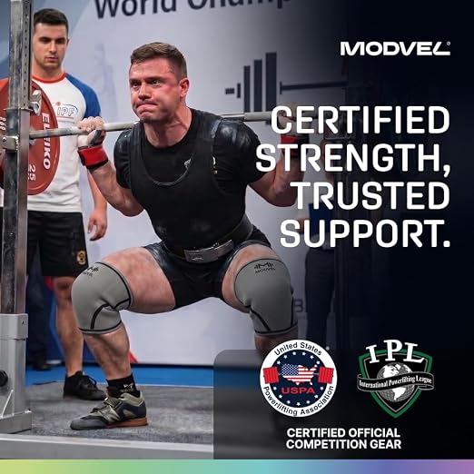 Modvel 7mm Neoprene Knee Sleeves for Men & Women Weightlifting & Powerlifting – Compression Knee Sleeve Support for Squats, Gym, Training – USPA, IPL Approved – Large Grey (Pair)