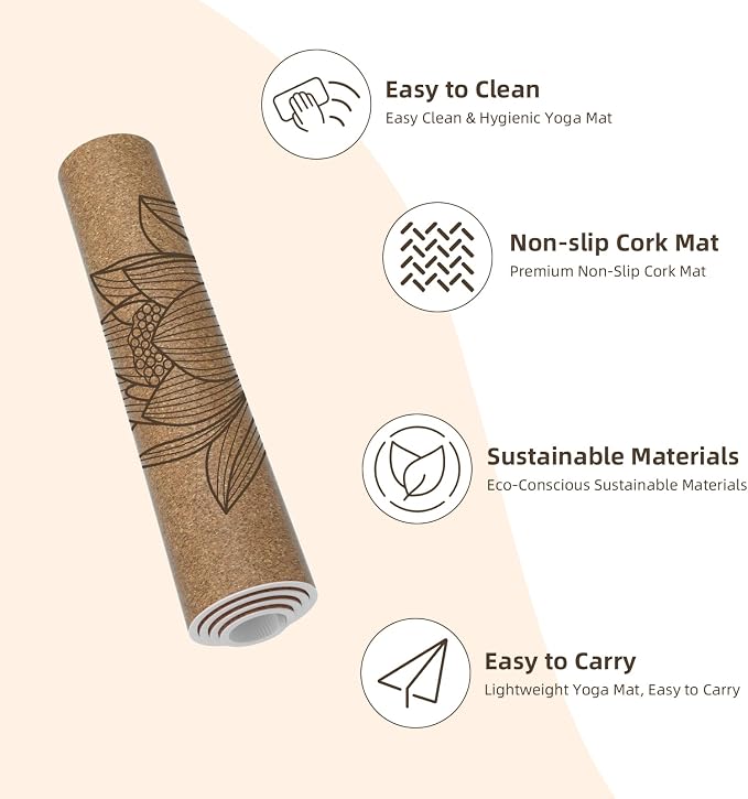 ILILI Eco-Friendly Cork Yoga Mat 1/4 inch Thick, 72''L*26''W, Non Slip Lightweight Cork and TPE Soft Exercise & Fitness Mat, Ideal for All Types of Yoga, Home, Gym & Studio Workouts
