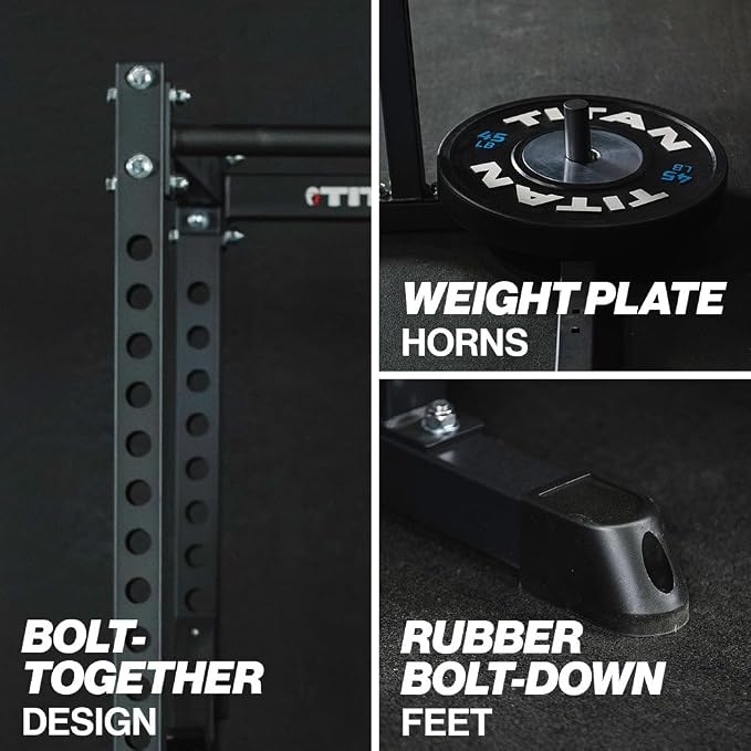 Titan Fitness T-2 Series Short Power Rack, Skinny Pull Up Bar, Pin and Pipe Safeties, Standard J-Hooks, for Home Garage Gym Weightlifting and Strength Training