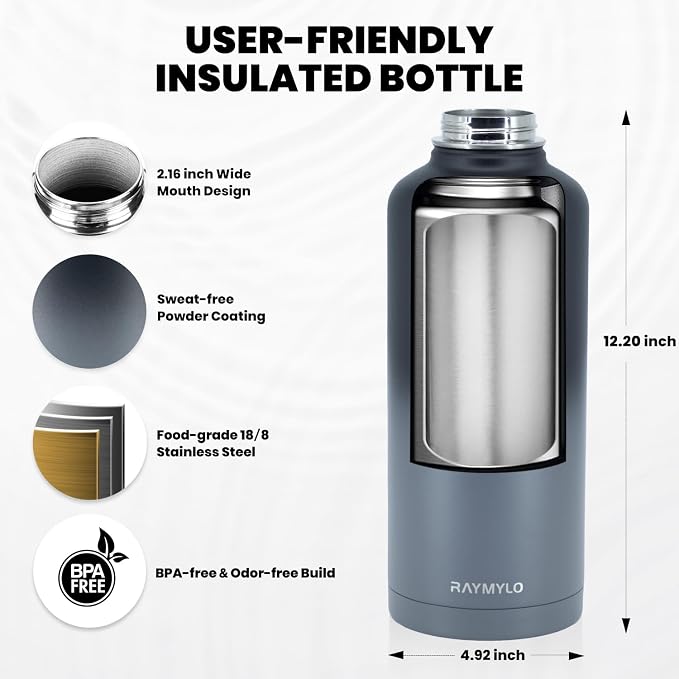 RAYMYLO Insulated Water Bottle 87 oz, Triple Wall Vacuum Stainless Steel | Cold for 48 Hrs), Leak Proof & Non-BPA, Modern Water Flask Jug with Paracord Handle & Straw Spout Lids, Dark Grey