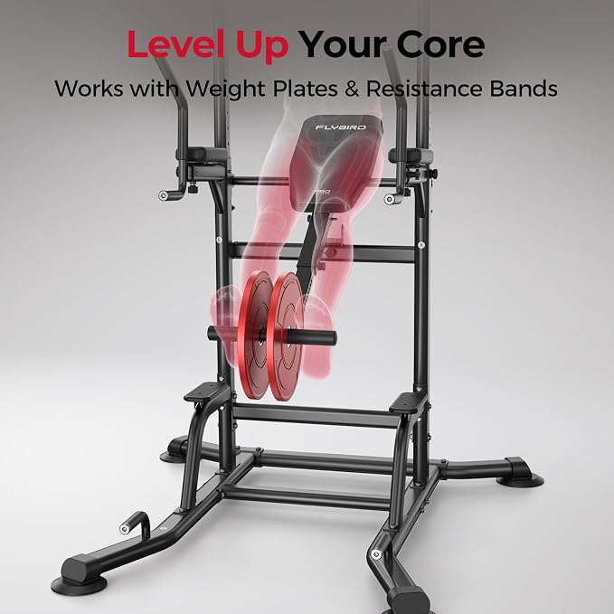 FLYBIRD 800LBS Heavy Duty Power Tower Dip Station, Adjustable Height Pull Up Stand with Crunch Leg Raise, Multifunction Strength Training Equipment for Home Gym Back Workout