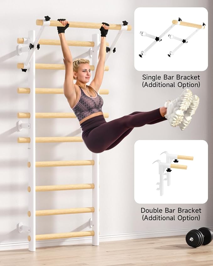 Swedish Ladder Wall Gym, Wooden Wall-Mounted Stall Bars with Pull-up Bar & Exercise Straps & Dip Bars, Stretching Ladder Full Body Home Gym Adults New