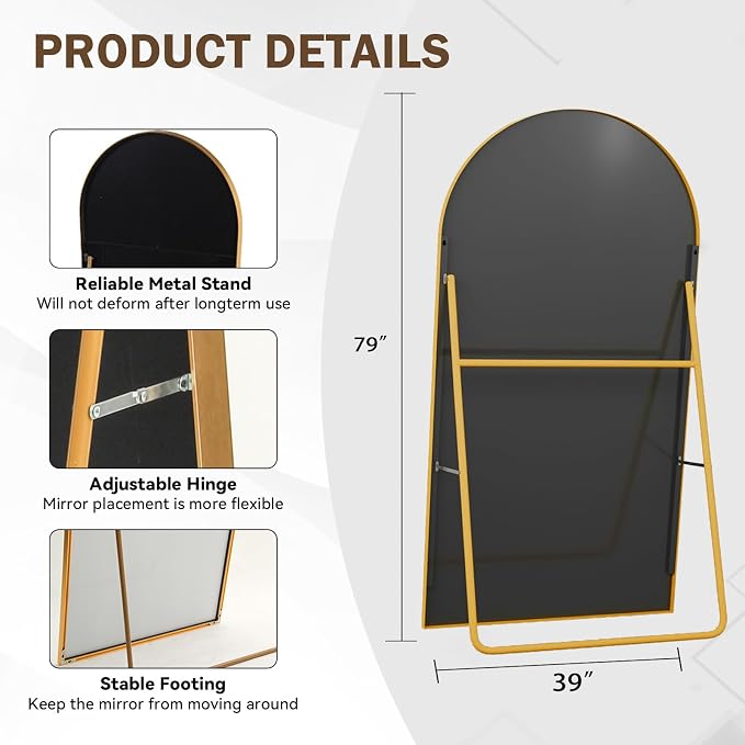 LFT HUIMEI2Y 79"x39" Arch Full Length Mirror, Gold Floor Mirror | Tempered Oversized Mirror Full Body with Aluminum Alloy Frame; Standing, Leaning, or Wall Mount for Bedroom, Living Room