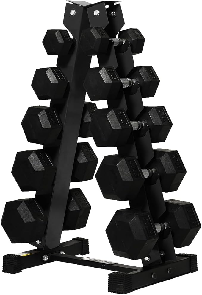 RitFit Rubber Hex Dumbbell Set with Storage Weight Rack | Rubber Heavy-Duty Coated Cast Iron, Knurled Chrome Handle, Space-Saving Storage for Home Gym Strength Training