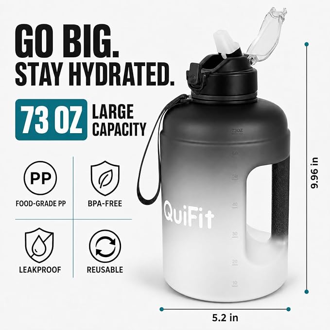 Half Gallon Water Bottle with 2 Lids,Dishwasher Safe, BPA Free,Leak Proof | 73 OZ Large Water Bottle with Straw,Shatter Resistant, Resuable,Time Marker,Big Gym Motivational Water Jug with Handle