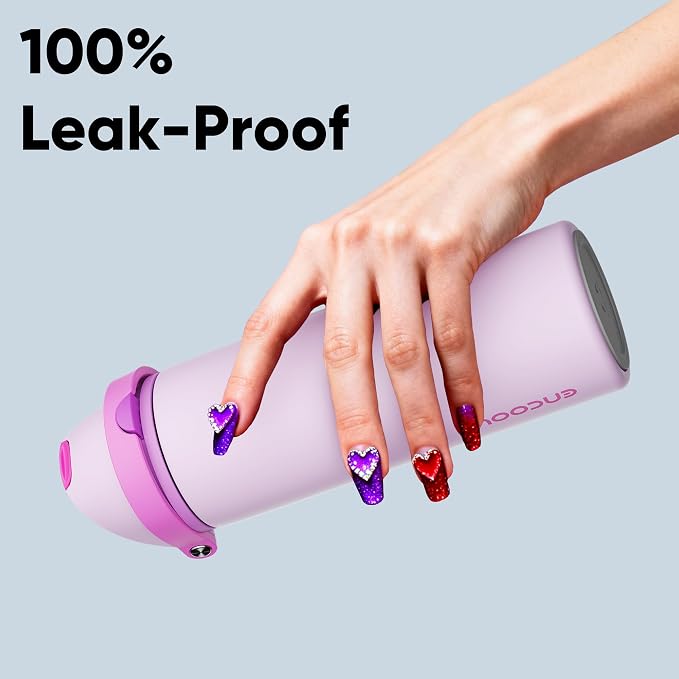 Insulated Water Bottle with Straw - Encool Stainless Steel Water Bottle with Push Button Lid, Leak-Proof & BPA-Free, Keeps Cold for 24 Hours for Sports, Travel, Gym (24 oz, Thistle-Fuchsia)