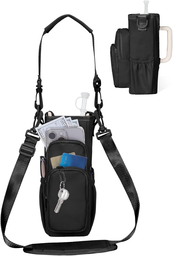 sportsnew 30/40oz Crossbody Water Bottle Holder Anti-Tip Tumbler Carrier | Lightweight Bottle Sling Fits Handled Tumbler w/ Phone Pocket, Adjustable Strap, Insulated Lining, Hands-free for Hiking Gym