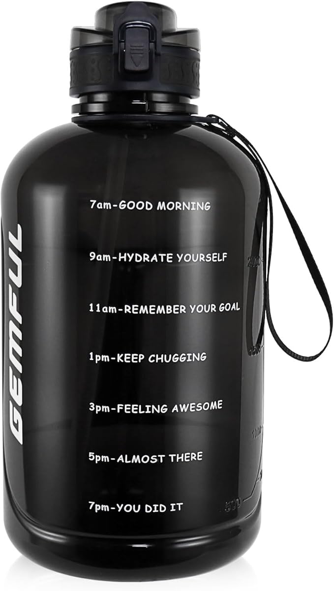 GEMFUL 100oz Water Bottle with Time Marker & Straw 3L for Fitness (Black) | BPA Free, Leak-proof, Tracks Daily Intake, Great for Gym, Hiking, Camping, Home,Office, Travel, Women,Men, Wide Mouth