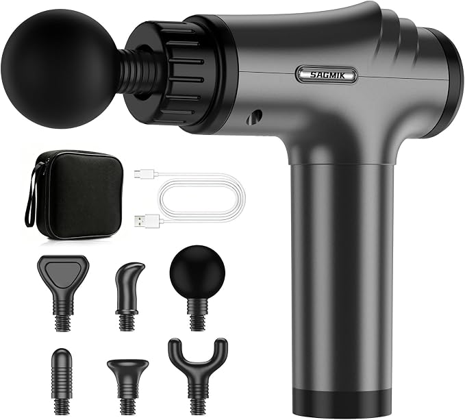 Massage Gun, 30 Speeds, 6 Heads, Quiet Deep Tissue Muscle Massager | Mini handheld percussion massager for back, neck, shoulders and body; ideal for athletes, workouts and muscle recovery.