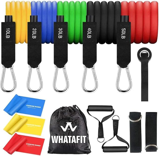 WHATAFIT Resistance Bands with Handles, 5-Level Exercise Bands for Workout | Natural latex,10-50 lbs, stackable to 150,Ankle Straps, Door Anchor,Guide. For Strength, Yoga,Home Gym,Travel & Workout.
