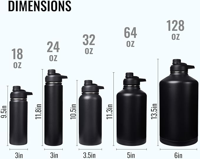 Fijinhom Insulated Water Bottle with Handle, 304 Stainless Steel Water Bottles with Wide Mouth, Double Wall Vacuum Sports Water Bottle, BPA Free, Keep Cold and Hot, 32 Ounces Black/Gray